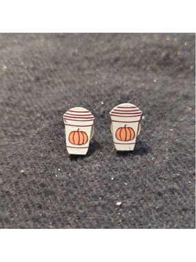 White and Orange Pumpkin Coffee Tea Drink Resin Statement Earrings
